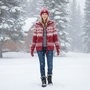 Tiara International Red White Fair Isle Full Zip Cardigan Sweater Snowflake Larg